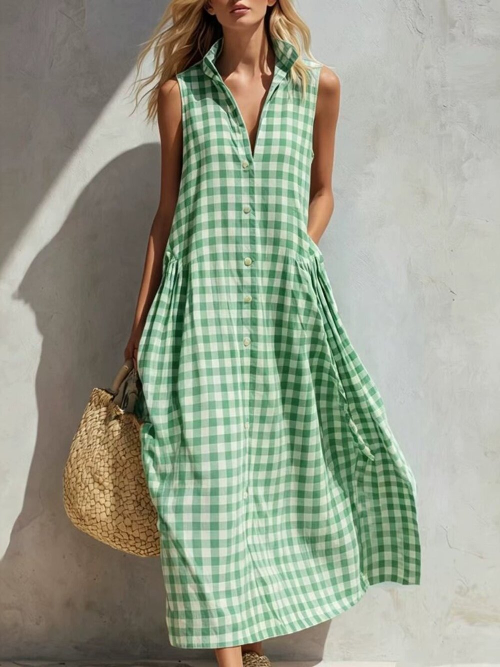 Women's Green Gingham Collared Sleeveless Relaxed Maxi Dress